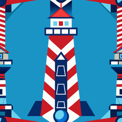 Nautical Beacon Guiding Ships Through Blue Waters with Iconic Red and White Stripes and Abstract Geometric Elements