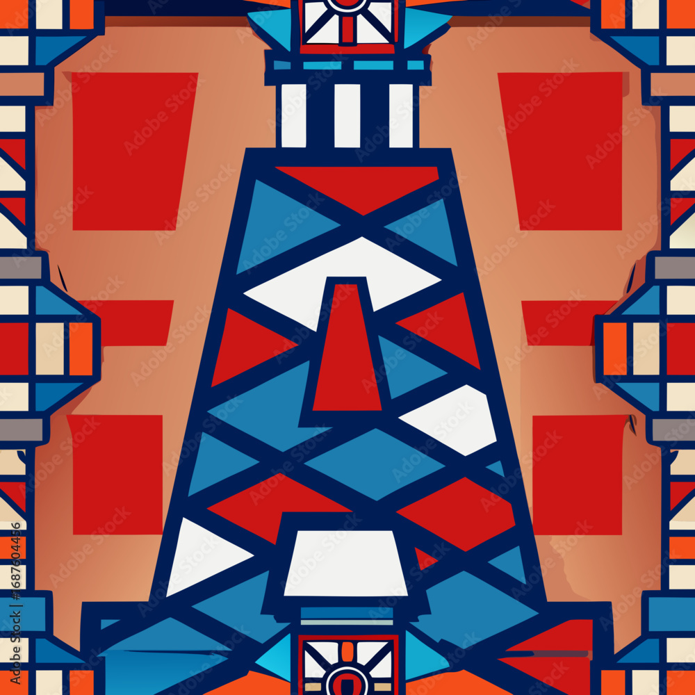 Poster dynamic geometric abstract pattern bursting with vibrant red, blue, and cream colors creating a mode