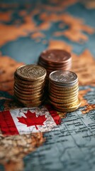 Stacks of Canadian coins placed on a world map with Canada flag symbolizing currency and travel