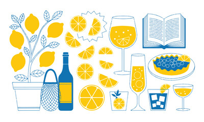 Summer Citrus Still Life with Lemon Tree, Drinks, Pie, and Book in Blue and Yellow Illustration