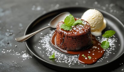 Delicious Molten Chocolate Cake Served With Vanilla Ice Cream and Mint Leaves on a Dark Plate