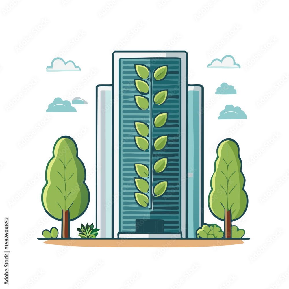 Poster modern building with vertical garden and surrounding trees under a cloudy sky