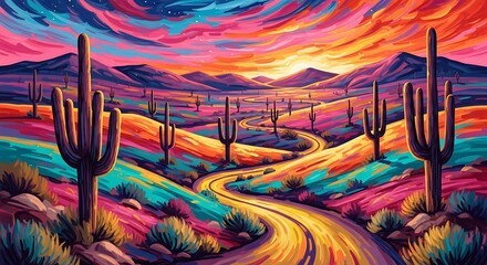 Desert Sunset Road with Vibrant Cacti.