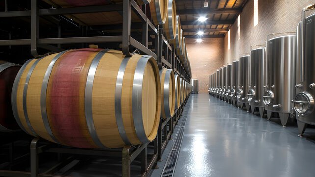 Modern winery production with oak barrels and steel tanks - Powered by Adobe