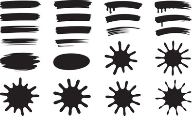 Assorted Black Paint Splatter and Brush Stroke Collection for Grunge and Artistic Effects