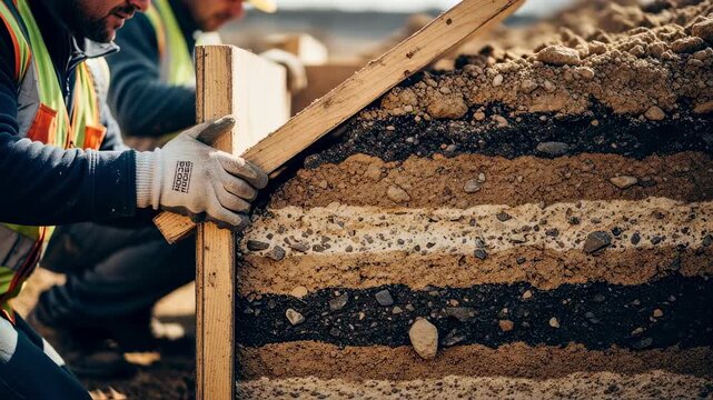closeup of workers stripping formwork revealing layers of densely packed soil in vivid detail under natural lighting.