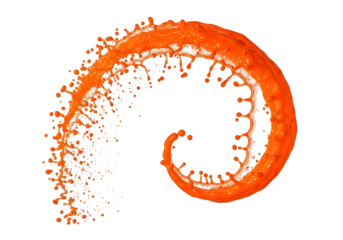 Dynamic orange liquid splashes in a spiral motion against a stark black background, showcasing the fluid's texture and impact.