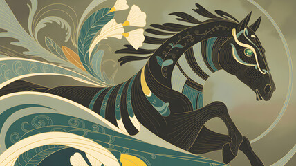 Black horse galloping through art deco floral design