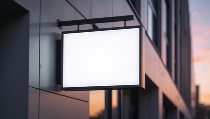 Blank Illuminated Sign on Building Exterior, Evening Light, Clean Design, Minimalist.