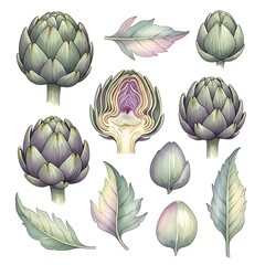 Watercolor Artichoke Collection with Leaves and Cross-Section.
