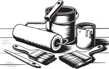 Painting Tools and Supplies Illustration with Brushes, Rollers, and Paint Cans in Black and White