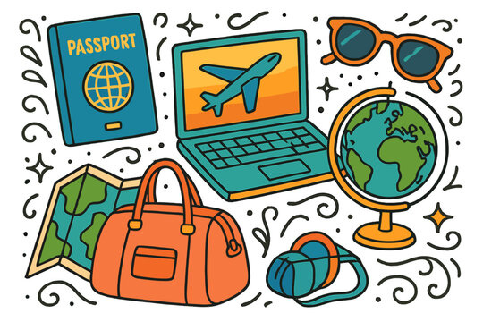 A hand‑drawn cartoon travel doodle featuring humorous objects and elements, set against a creative background and presented as a colorful vector banner