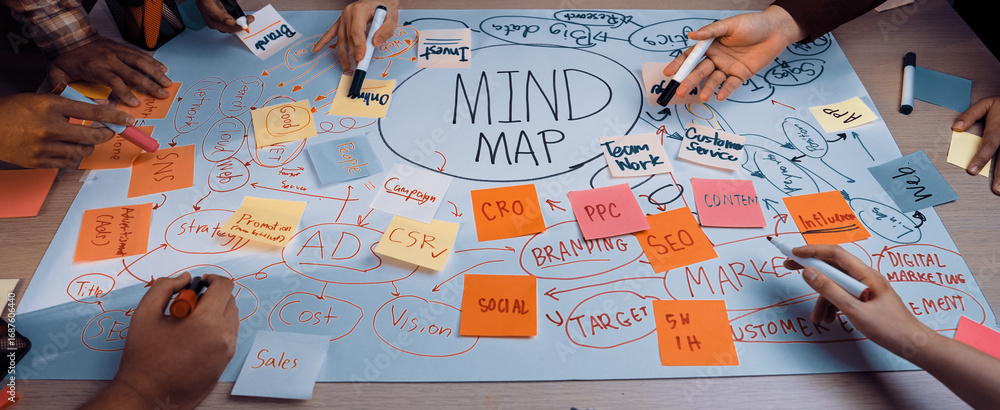 Poster a dynamic scene showcasing a collaborative mind mapping session, filled with colorful notes and mark