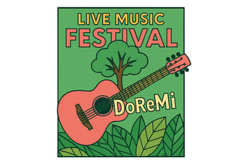 A vintage illustration poster featuring a spring green acoustic guitar silhouette amidst leaves, suitable for a live music festival advertisement