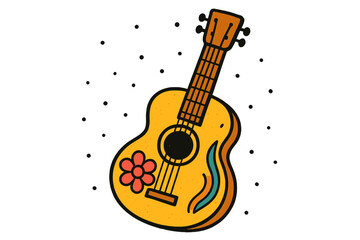 Naklejka premium A psychedelic illustration of a guitar with notes, flowers, and a disco vibe, perfect for a retro concert poster or t-shirt design