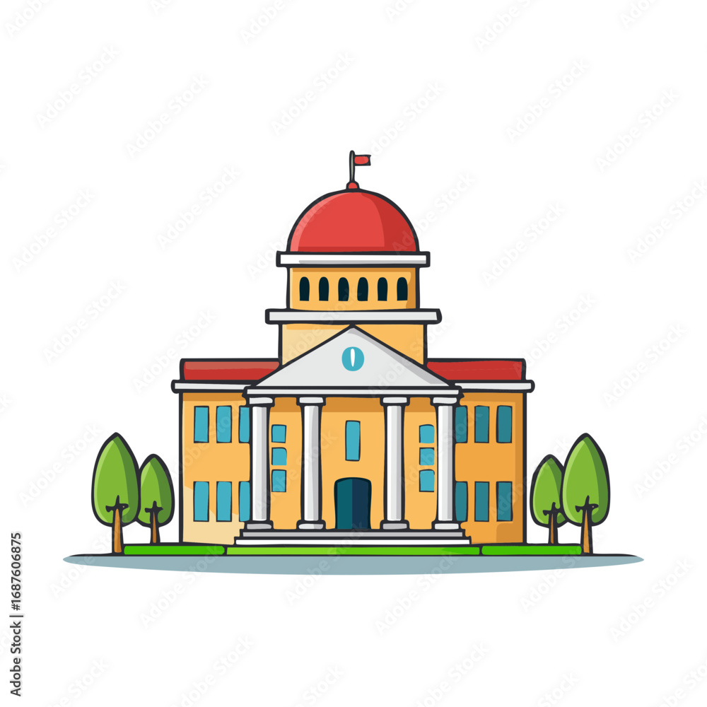 Poster flat design illustration of a classical public building with a prominent red dome and stately column