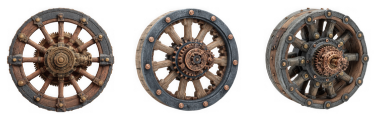 Three antique wooden wagon wheels with rusty metal rims, isolated on transparent background