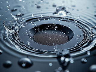 A splash explodes around a sleek waterproof speaker, ripples radiating from its metal grille, freezing the pulse of sound in crisp macro detail and cool blue light tones.