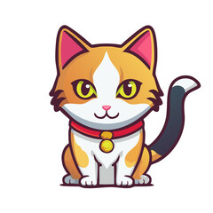 Cute Cartoon Cat with Collar Sitting Upright, Playful Feline Pet with Round Eyes and Smiling Face
