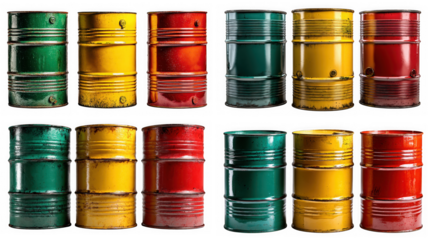 Collection of twelve colorful metal barrels, including green, yellow, and red, isolated on transparent background