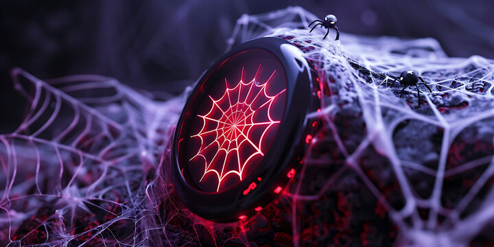 Mysterious spider web surrounds glowing device with a tiny spider perched on it