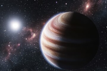 Majestic gas giant planet illuminated by distant star in deep space nebula