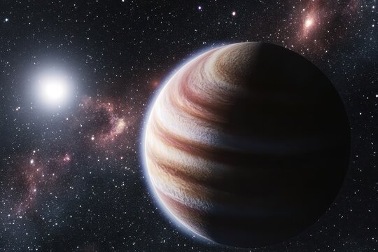 Majestic gas giant planet illuminated by distant star in deep space nebula - Powered by Adobe
