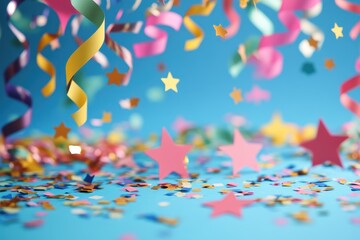 Bright celebration confetti and star shapes falling festive party streamers background