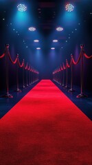 Red carpet event with dramatic lighting and velvet ropes in an elegant venue