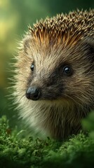 Fototapeta premium Close-up of a hedgehog in a vibrant green forest environment enjoying a sunny day