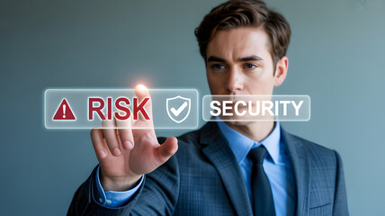 Confident businessman selecting security over risk on futuristic digital interface for business protection