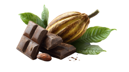 Delicious Chocolate Chunks with Cacao Pod and Fresh Green Leaves on Transparent Background for Food Photography