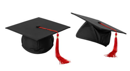 Black Graduation Mortarboard Hats with Red Tassels.