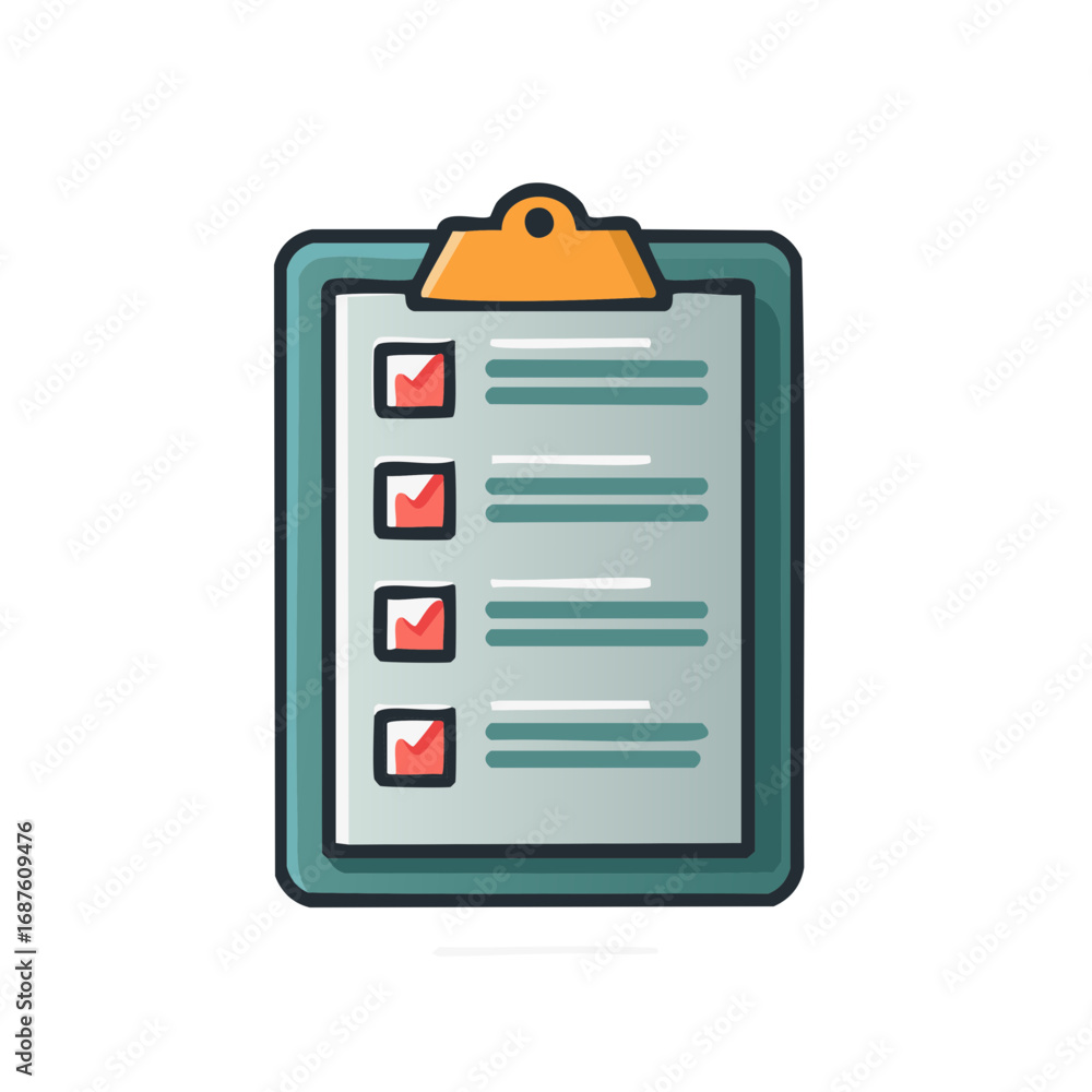 Aufkleber modern flat vector illustration of a clipboard with a completed checklist and red checkmarks, symbol