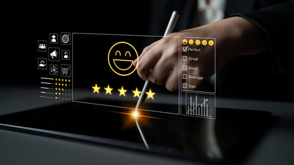 Customer feedback and satisfaction rating system showing star review, happy face, performance...