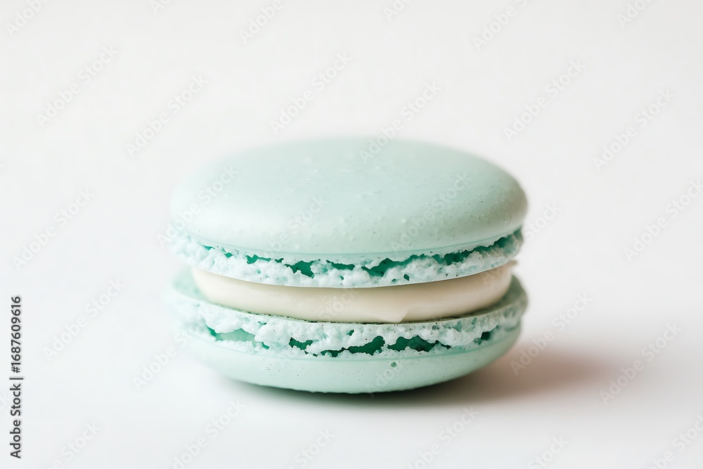 Poster white background with a single macaron in soft mint green, perfectly smooth and shiny