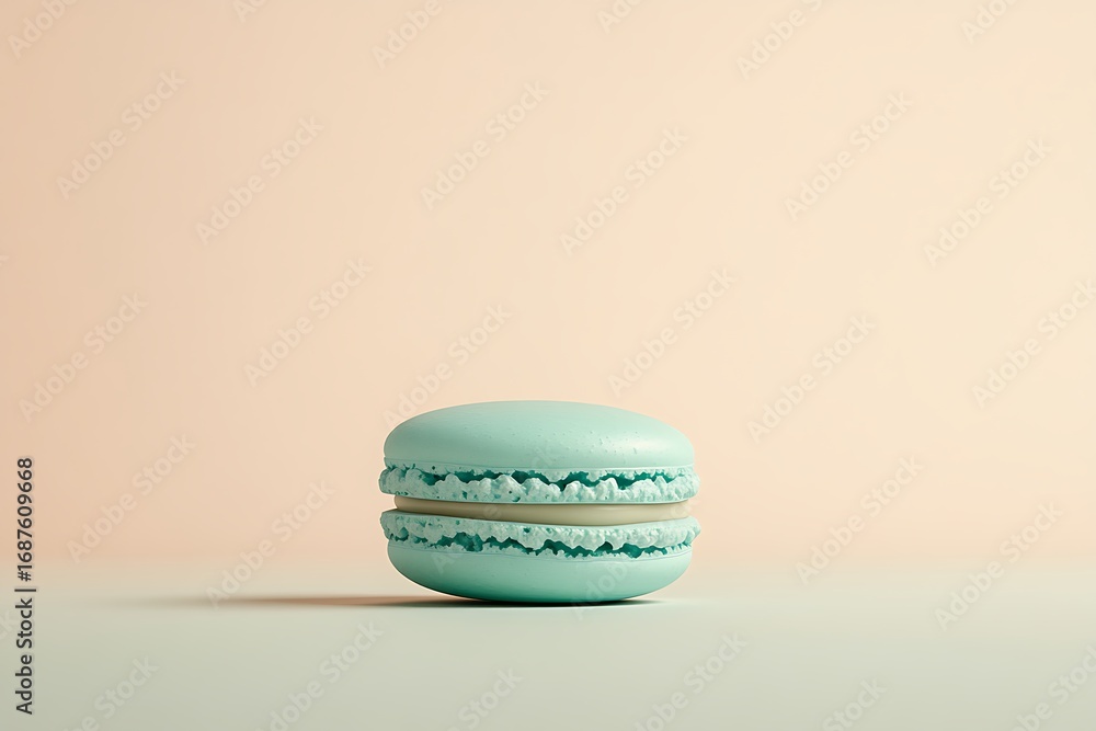 Poster white background with a single macaron in soft mint green, perfectly smooth and shiny