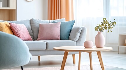 Beautiful Apartment, Sofa, Chair, Dining Table wall Mockup Interior design of modern living room