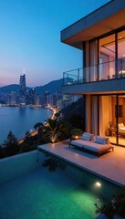 Obraz premium Luxurious cityscape holiday villa with stunning panoramic views Modern architecture, spacious interiors, and breathtaking city skyline at night , residence, skyscraper