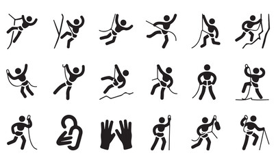 Minimal silhouette climbing illustrations of climbers in action poses with gear, mountain peaks, and rope safety elements.