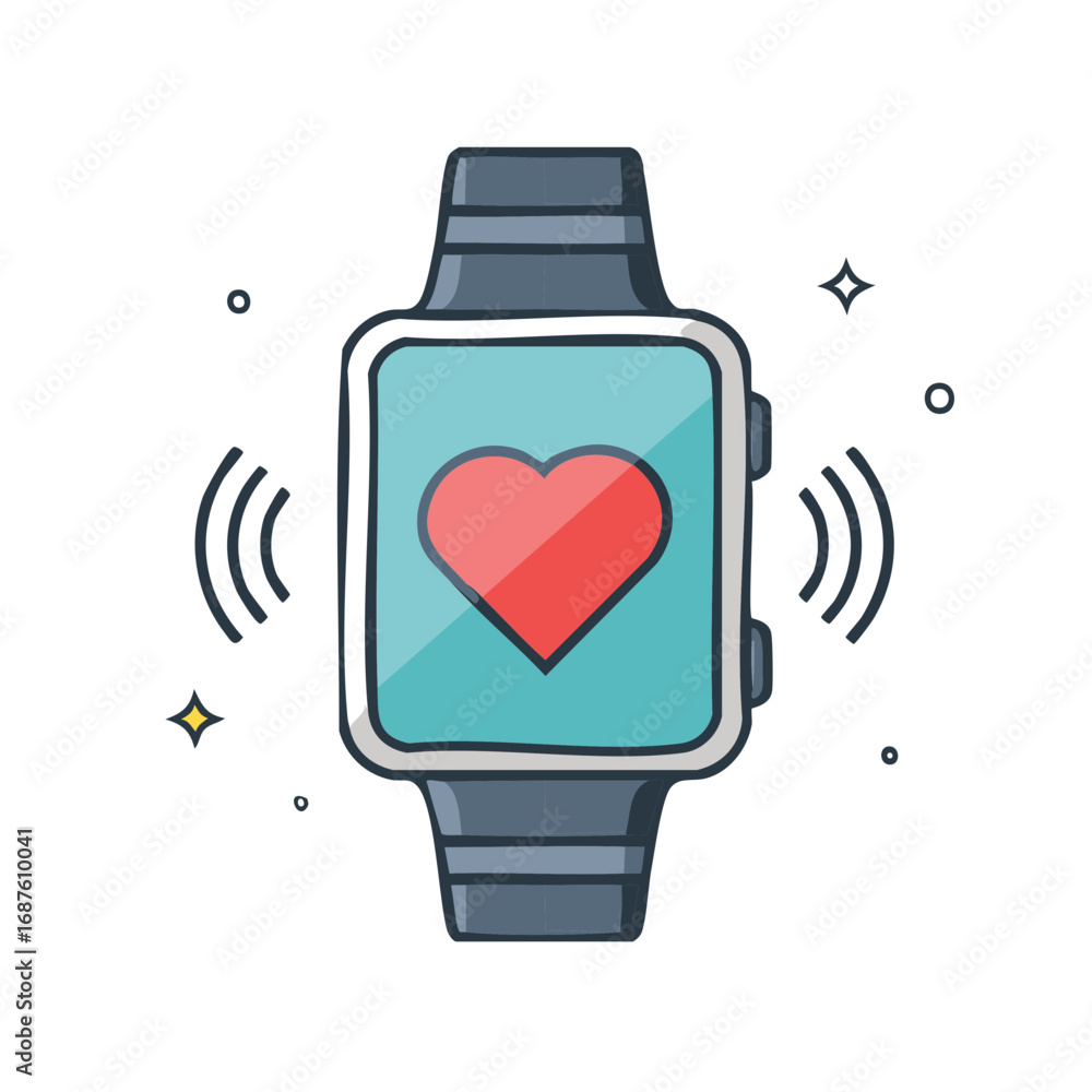 Poster Smartwatch displaying a red heart symbol with signal waves and sparkles representing health monitoring