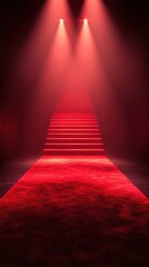 Bright red lights illuminate a staircase leading up from a red carpet in a dark venue