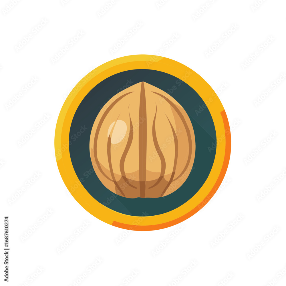 Poster stylized whole walnut nut in its shell, presented as a vibrant flat design icon within a circular fr