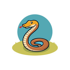 Fototapeta premium Cute cartoon snake with forked tongue coiled on grass patch illustration
