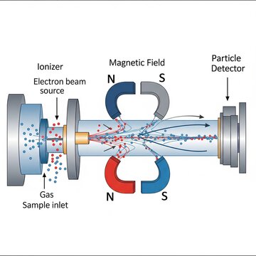 Diagram of a mass spectrometer showing ionization, magnetic sector and particle detection-visualizing mass analysis, m/z separation and analytical measurement.