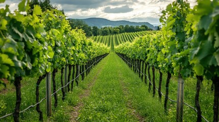 Naklejka premium Rows of flourishing grapevines stretch across a verdant landscape.