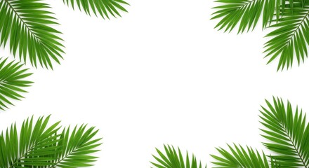 Lush Green Palm Fronds Framing White Space, Tropical Aesthetic, Minimalist Design.