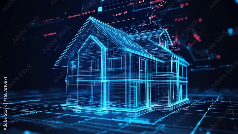 Poster futuristic wireframe house emerging from blueprint with data analysis displayed