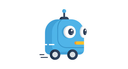 Cute Blue Cartoon Robot on Wheels Moving Forward.