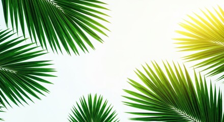Obraz premium Lush Green Palm Fronds Against Bright White Sky, Tropical Summer Vibes.